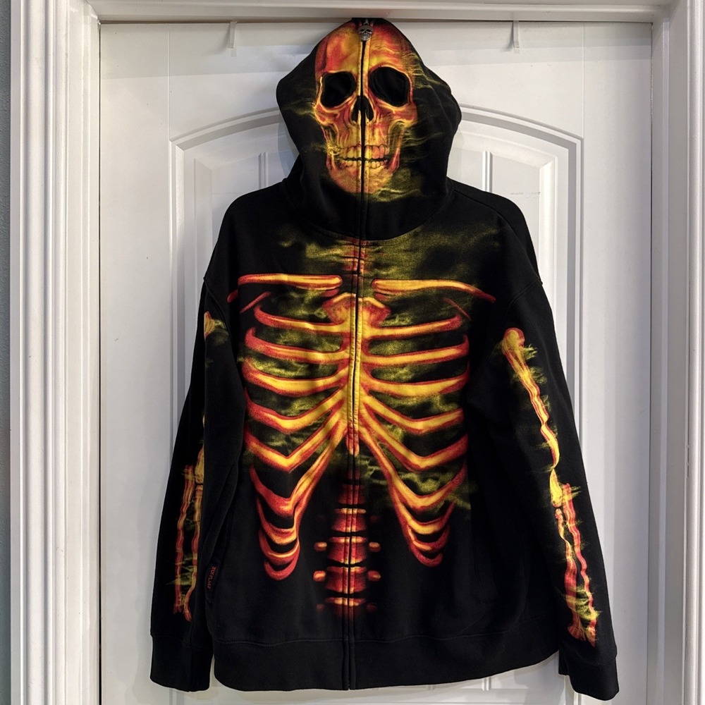 Six Flags Flaming Skeleton Zip Up Hoodie Large Black Glow Graphic Skull Jacket